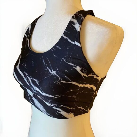 Terez Other - TEREZ Size Medium Sports Bra Black White Marble Racerback Stretch‎ Scoop-Neck